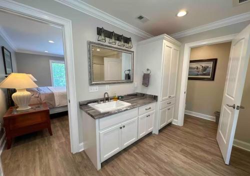 une salle de bain avec un lavabo et un miroir dans l'établissement Brushy Creek Lodge - Riverfront, Hot Tub, Fire Pit, à Mentone