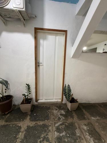 een deur in een kamer met drie potplanten bij SUITE Yeshua in Paraty