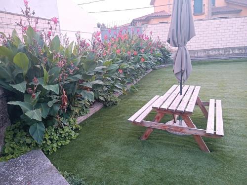 a wooden bench with an umbrella in a garden at Casa El Obrador in Arguedas