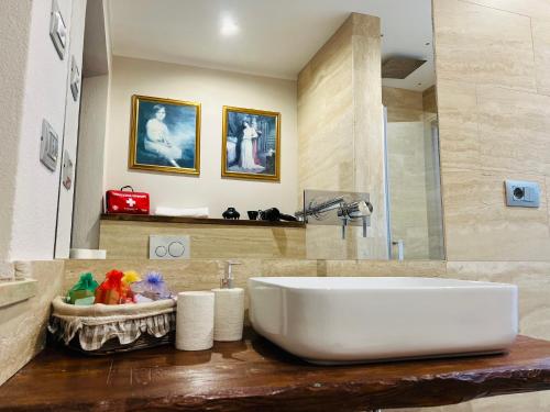 Un baño con un lavabo blanco y un espejo. en La Rose du Prevot, en Fenis