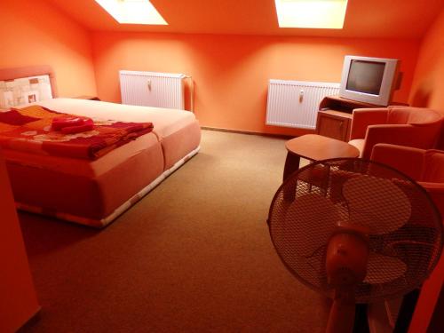 Schlafzimmer mit einem Bett, einem TV und Stühlen in der Unterkunft Hotel Zlatý Kříž in Teplice