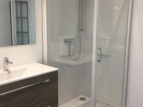 a bathroom with a shower and a sink at Gîte rénové, 35 min de Nancy, près de châteaux, fibre, parking privé, idéal famille - FR-1-584-169 in Vroncourt