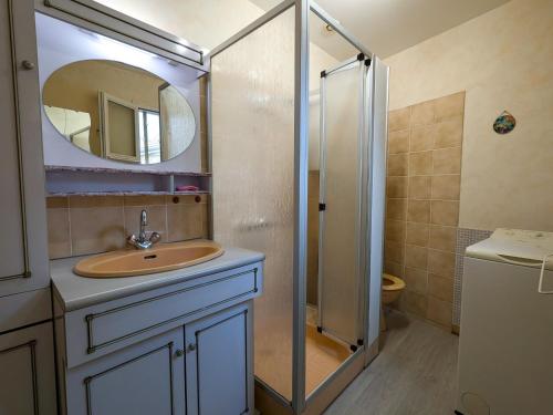a bathroom with a sink and a shower with a mirror at Maison de vacances en Berry avec jardin clos, proche plage et sentiers, animaux acceptés - FR-1-591-319 in Baraize