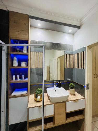 a bathroom with a sink and a mirror at The Wired Nest in Ellisras