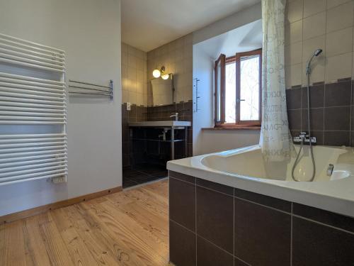 une salle de bain avec une baignoire, une douche et un lavabo dans l'établissement Maison de caractère avec grand terrain, proche d'Arlempdes, labels ECOGÎTE et Tourisme & Handicap - FR-1-582-118, à Arlempdes