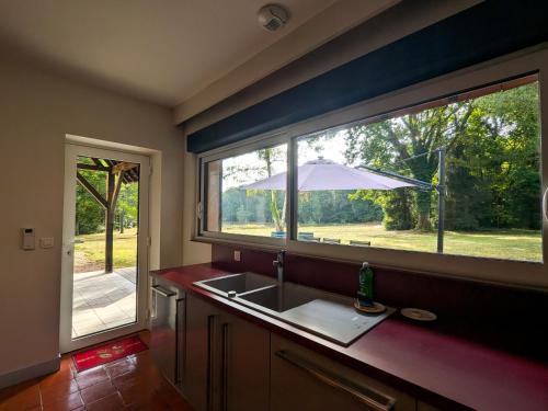 une cuisine avec un évier et une fenêtre avec un parasol dans l'établissement Maison isolée avec parc, étang privé et à 20 min du Zoo de Beauval - FR-1-591-309, à Vicq-sur-Nahon