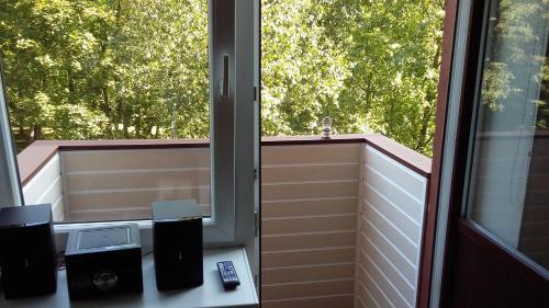 a room with a window with a microwave on a counter at Harmony Life Two-room apartment in Riga in Rīga