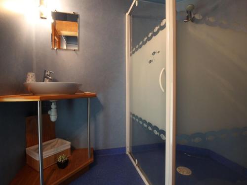 une salle de bain avec douche et lavabo dans l'établissement Bergerie moderne au calme, nature luxuriante, proche du Lac de Malaguet - FR-1-582-20, à Céaux-dʼAllègre