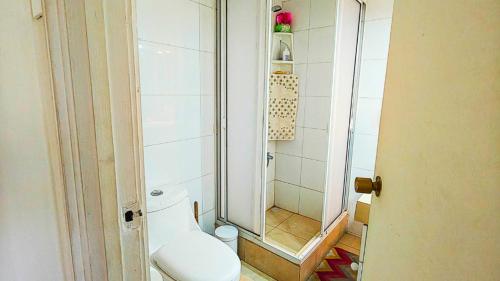 a bathroom with a toilet and a shower at Ocean Front House 84 in Viña del Mar