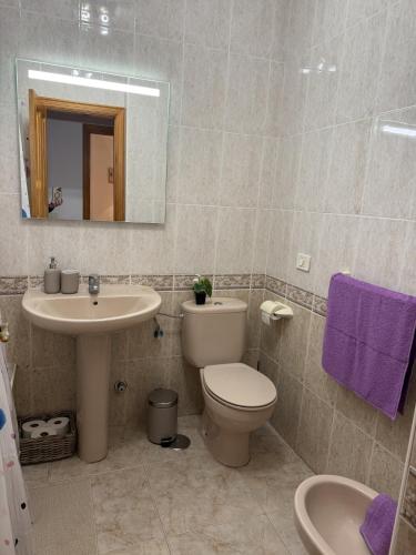 a bathroom with a toilet and a sink and a mirror at Candelaria Sea Music in Candelaria