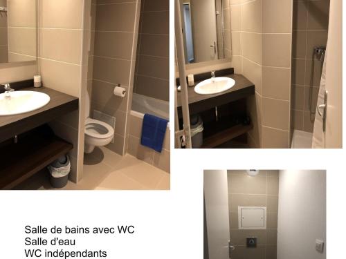 two pictures of a bathroom with two sinks and a toilet at Appartement spacieux pour 8 personnes à Gourette avec piscine et animaux acceptés - FR-1-860-18 in Gourette