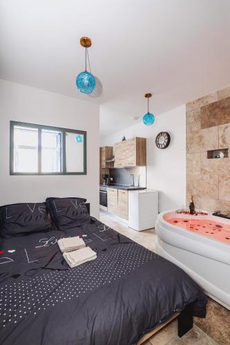 a bedroom with a large bed and a bath tub at Romance Bleue -Love Room -SPA privatif - Netflix -séjour à vichy in Vichy