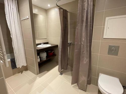 a bathroom with a shower and a toilet and a sink at Studio à Gourette avec Piscine et Animaux Admis pour 6 Pers. - FR-1-860-41 in Gourette