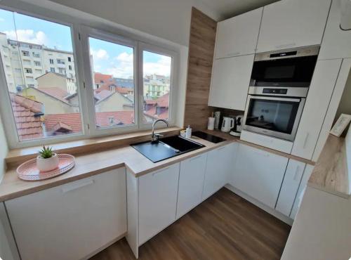 アヌシーにあるLe Petit Nid Annecyの白いキャビネットと大きな窓のあるキッチン