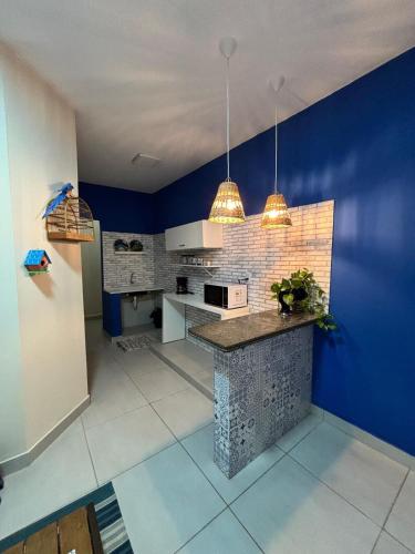 eine Küche mit blauen Wänden und einer Arbeitsplatte in der Unterkunft Casa Charmosa 02 in Palmas