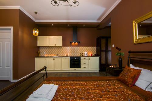 a living room with a bed and a kitchen at Apartamenty Młynowa in Białystok