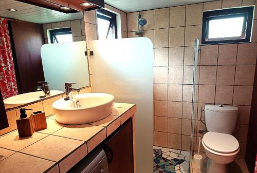 une salle de bain avec un lavabo et des toilettes dans l'établissement La PERLE de MOOREA Fare HONU Bord de Lagon, à Orufara