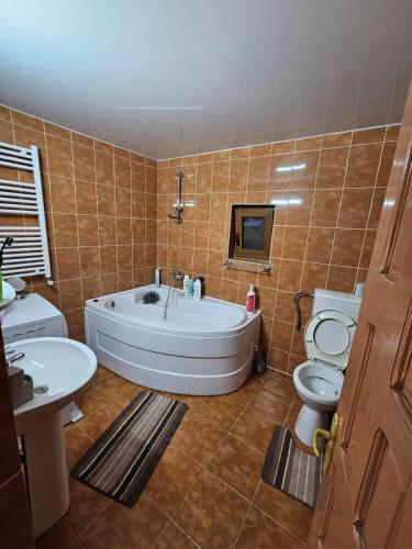 a bathroom with two toilets and a tub and a sink at La 7 Frati in Holda