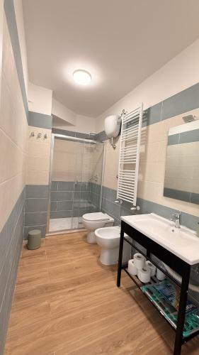 a bathroom with a sink and a toilet and a shower at Nicos House in Campo di Giove