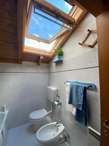 une salle de bain avec toilettes et puits de lumière dans l'établissement Sole & Luna Dolomiti House, à Voltago