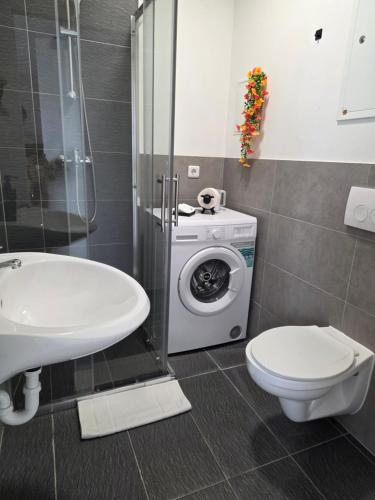 ein Badezimmer mit Waschmaschine und Toilette in der Unterkunft Modern Living Apartment Hotel in Nürnberg