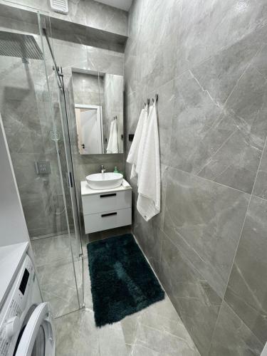 a bathroom with a shower and a sink at Danubia-residence in Komárno