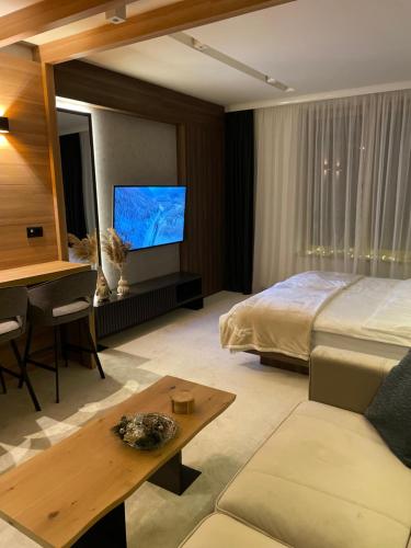 a bedroom with a bed and a desk and a television at Apartman Kopaonik Woodside 106 in Kopaonik