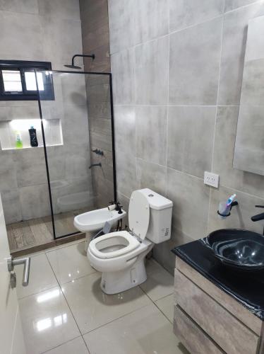 a bathroom with a toilet and a shower and a sink at la morita silvestre in General Rodríguez