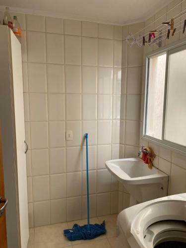 ein Badezimmer mit Wischmopp und Waschbecken in der Unterkunft Apartamento familiar 2 quartos, próximo ao centro in Sao Jose do Rio Preto