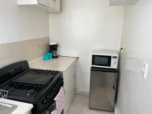 a kitchen with a stove and a microwave at Depto de Descanso Económico vuelos AICM, conciertos GNP, F1 in Mexico City