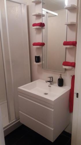 a bathroom with a sink and a mirror and red towels at Ekirom in Egersund