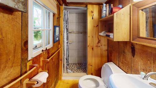 une salle de bain avec toilettes, lavabo et douche dans l'établissement Pond View Cabin, à Chittenden