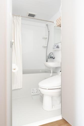 a white bathroom with a toilet and a sink at 蔵の宿 in Kamogawa