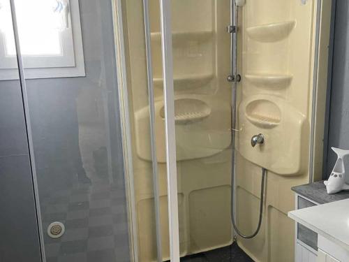 eine Dusche mit Glastür im Badezimmer in der Unterkunft Maisonette plain-pied avec cour fermée, proche plage et commerces - FR-1-476-248 in La Faute-sur-Mer