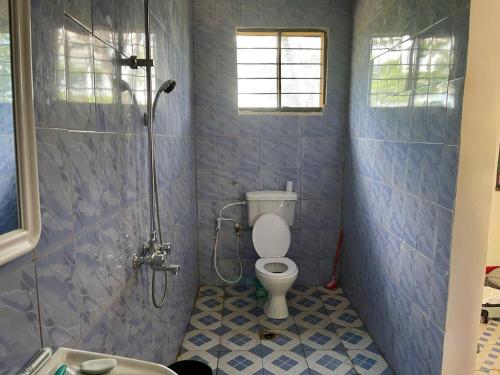 a bathroom with a shower and a toilet in it at Camp Zora Selous in Kwangwazi