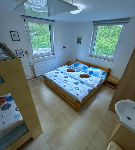 a bedroom with two beds and two windows at Chata U dědka in Prostřední Bečva