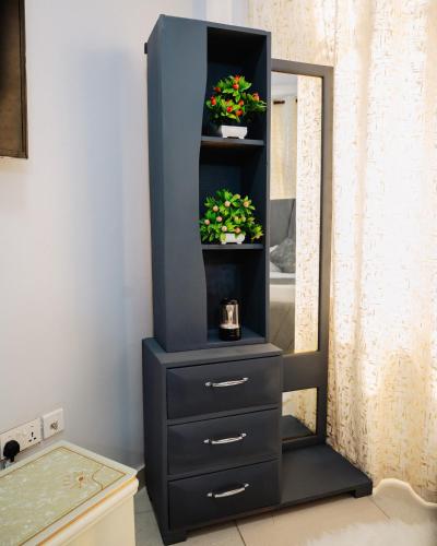 a black dresser with two potted plants in front of a mirror at Abnaa Apartment in Zanzibar City