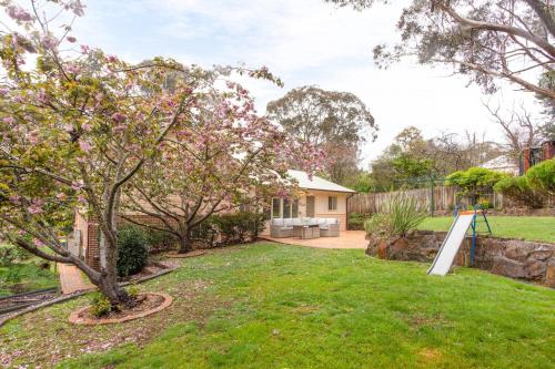 a yard with a tree and a house at Stunning Katoomba Home with Lush Garden&Playground in Katoomba