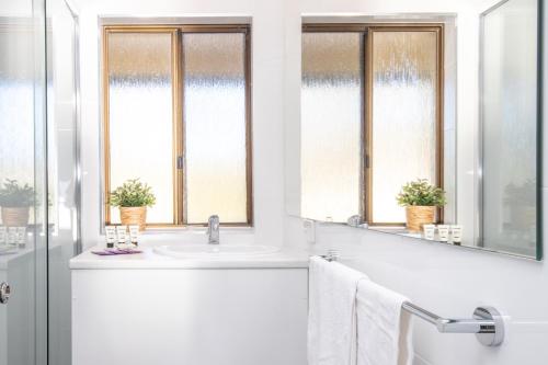 une salle de bain avec un lavabo et deux fenêtres dans l'établissement Batemans Bay Studio Escape with Lush Vista, à Batehaven