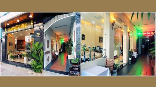 two pictures of a store front with plants in it at Quan Quan Hotel in Danang