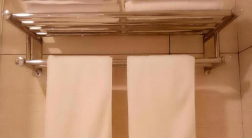 zwei Handtücher hängen an einem Handtuchhalter in einem Badezimmer in der Unterkunft GreenTree Inn Shangrao Qianshan hekou old town Xinjiang longting shell hotel in Shangrao