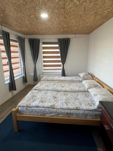 ein Schlafzimmer mit einem Bett in einem Zimmer mit Fenstern in der Unterkunft Vlasic Nanna & Lalla in Vlasic