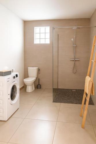a bathroom with a washing machine and a toilet at Eau clair de lune - Vincendo in Saint-Joseph
