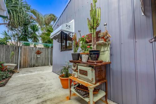 a patio with potted plants and an old stove at The Little Blue Shack - Quaint Granny Flat in Bli Bli