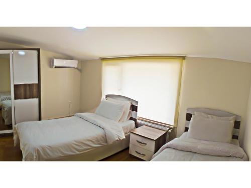 ブルサにあるAtaa Apartmentsのベッド2台と窓が備わるホテルルームです。