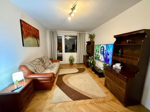 ein Wohnzimmer mit Couch und Flachbildfernseher in der Unterkunft Victoriei Residence in Braşov