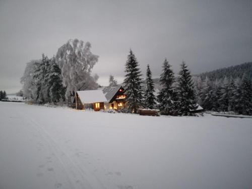 a house covered in snow in front of trees at Fuchs & Has` in Marienberg