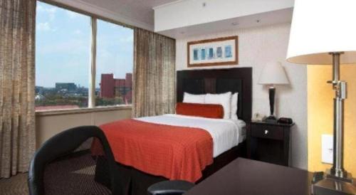 ein Hotelzimmer mit einem Bett und einem großen Fenster in der Unterkunft El Tropicano Riverwalk in San Antonio