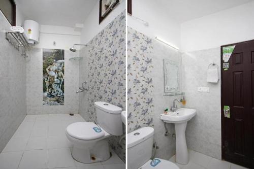 Dos imágenes de un baño con inodoro y lavabo. en Kempty Lake Waterfall Resort - Run by Anaysha Group, en Mussoorie