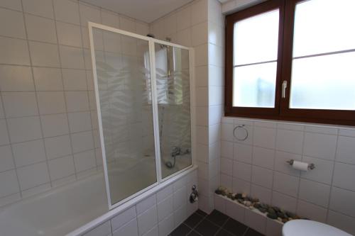 La salle de bains est pourvue d'une douche, d'une baignoire et d'une fenêtre. dans l'établissement Rosat 4, à Château-d'Oex